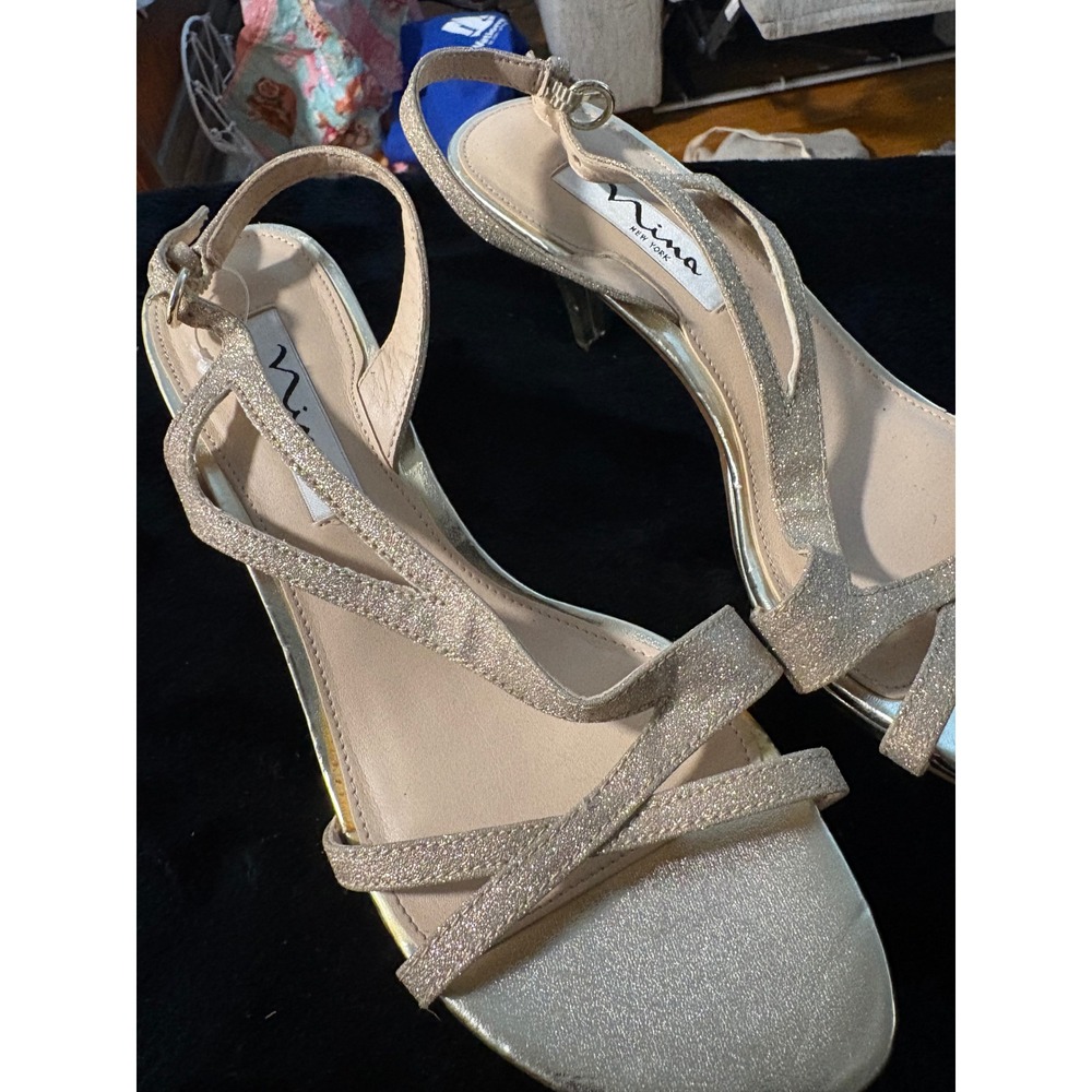 Nina New York Gold Glitter Strappy Slingback Heels Women 7.5 M Formal Sandal